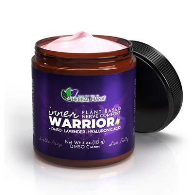 Jar of 'Inner Warrior' cream with pink cream visible, on a white background