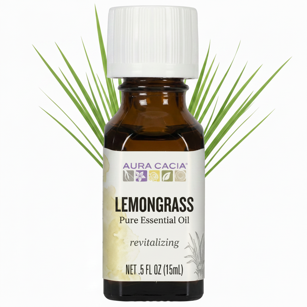 Aura Cacia lemongrass pure essential oil bottle with green leaves behind it