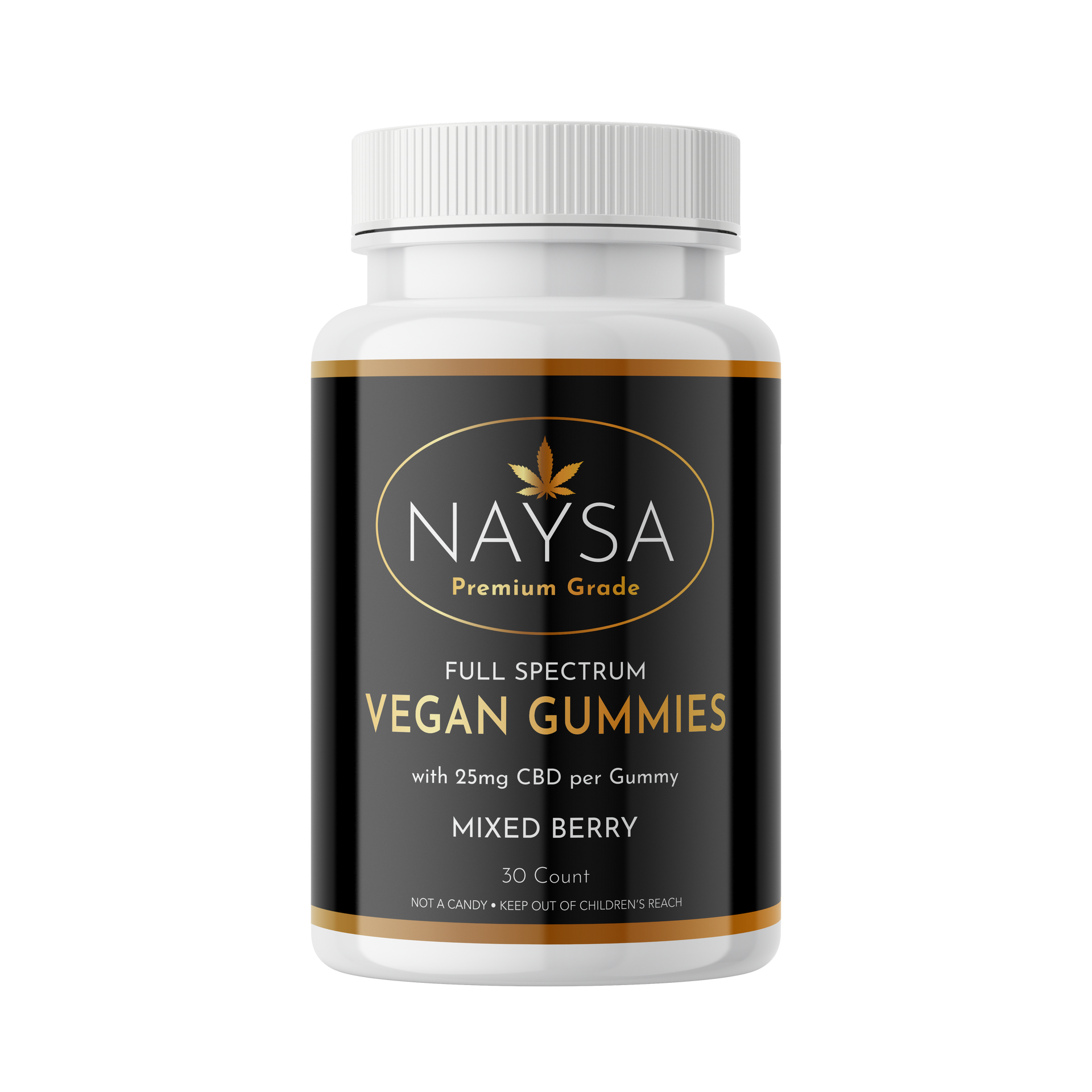 NAVSA Premium Grade full spectrum vegan gummies bottle, mixed berry, white and black label