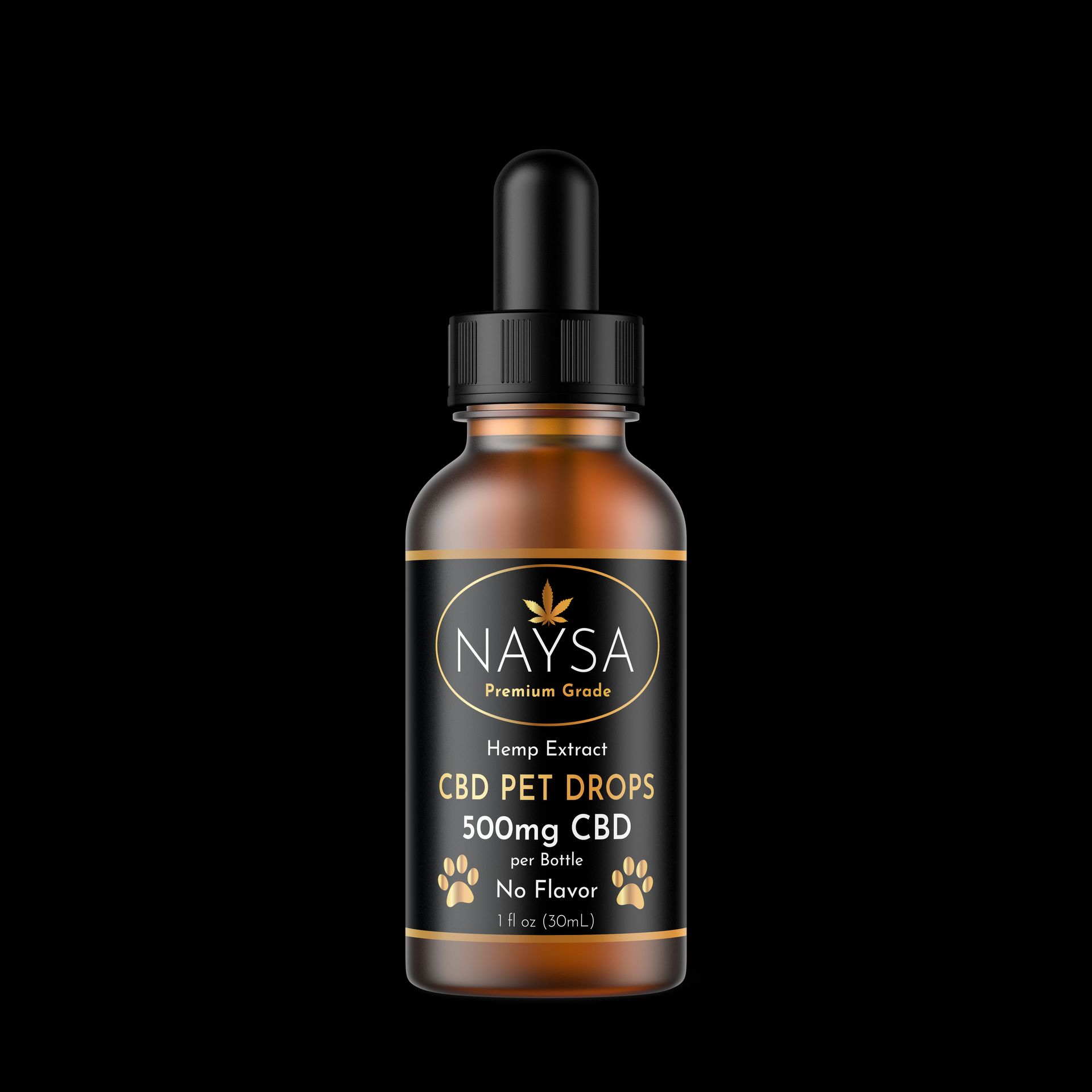 Bottle of Naysa CBD Pet Drops, amber liquid, black label, dropper, black background.