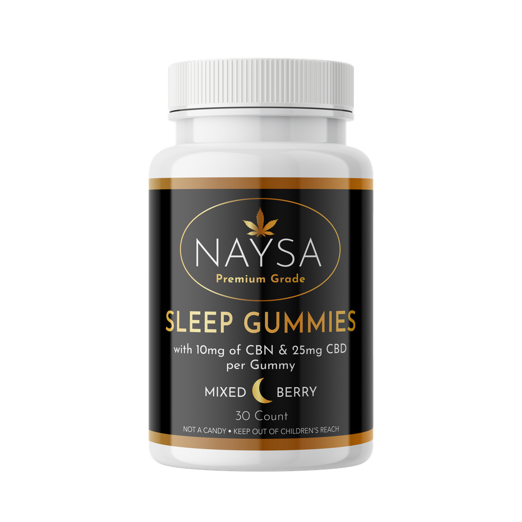 NAYSA Sleep Gummies bottle with black label and silver cap on white background