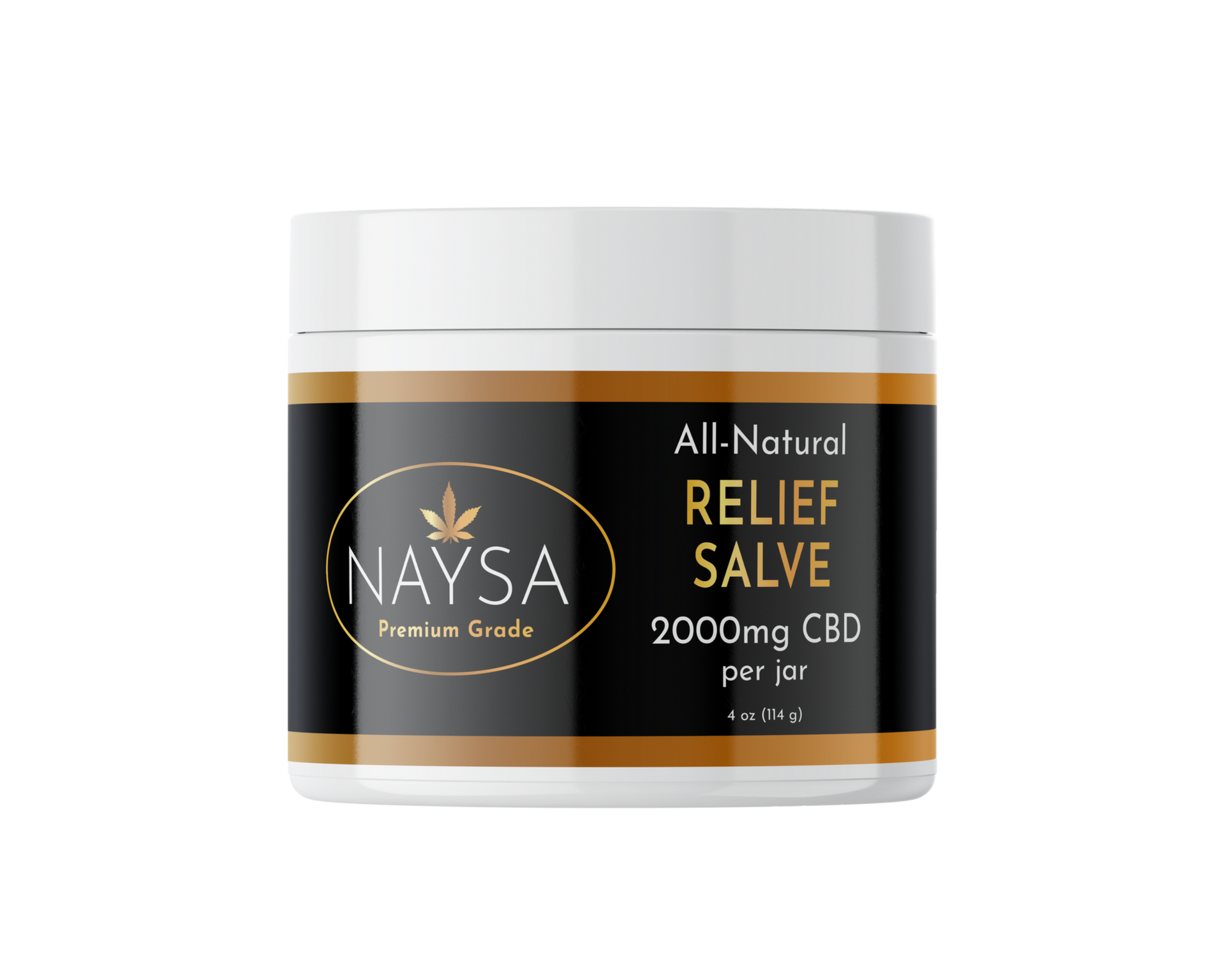 White jar of NAYSA all-natural Relief Salve, 2000 mg CBD, black and gold label