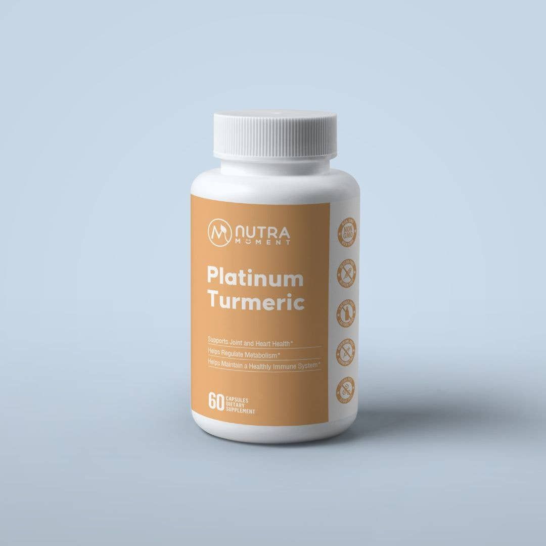 White supplement bottle labeled “Platinum Turmeric” on a light blue background