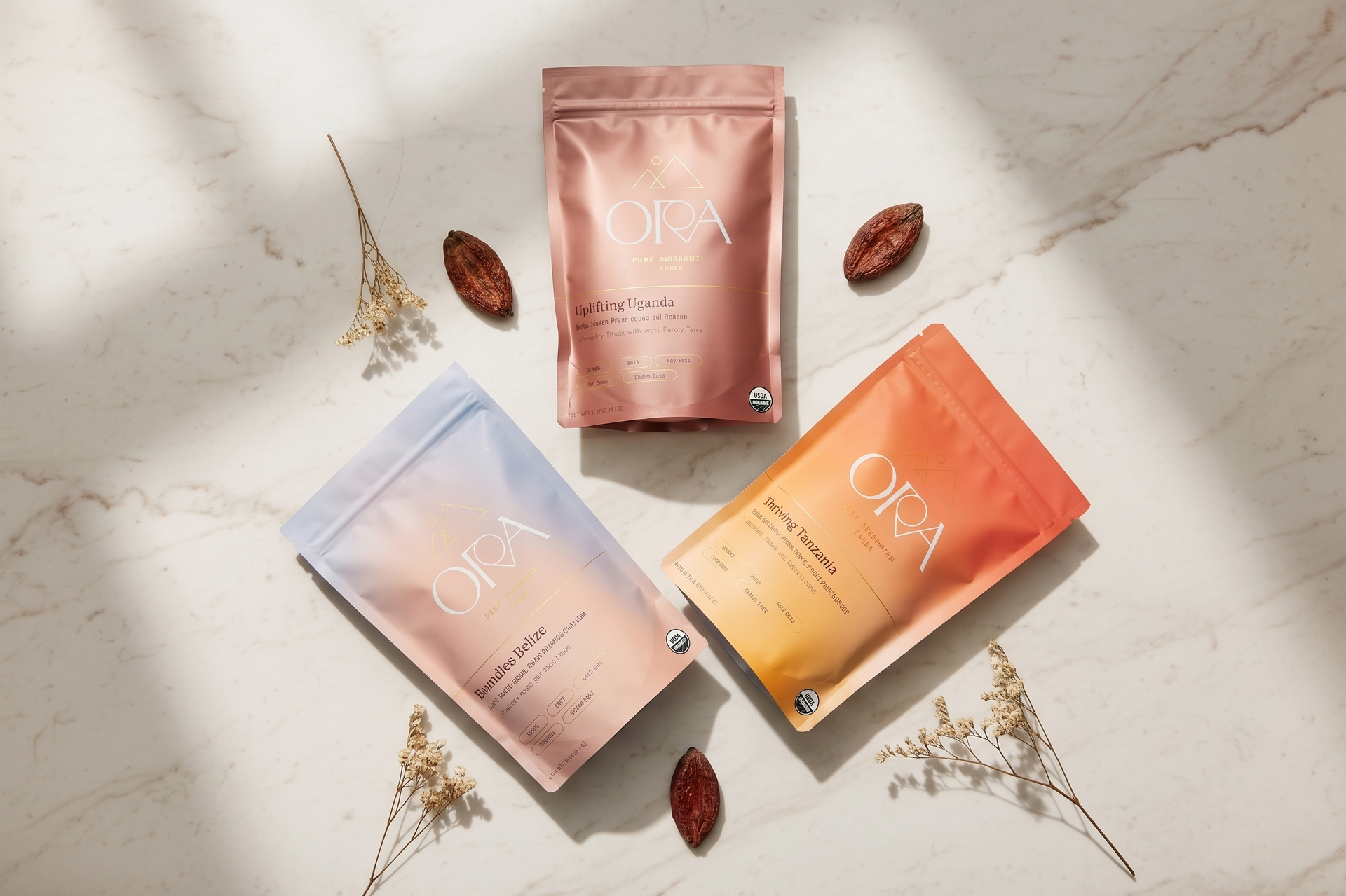3 Ora Ceremonial Cacao bags on a sunlit counter top