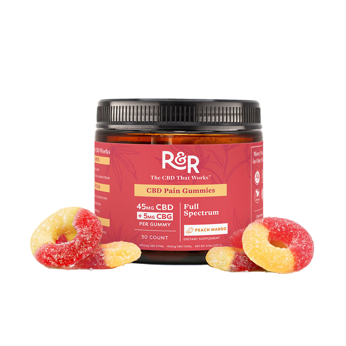 R&R gummy candy jar with red label, surrounded by sugar-coated peach gummies on a white background