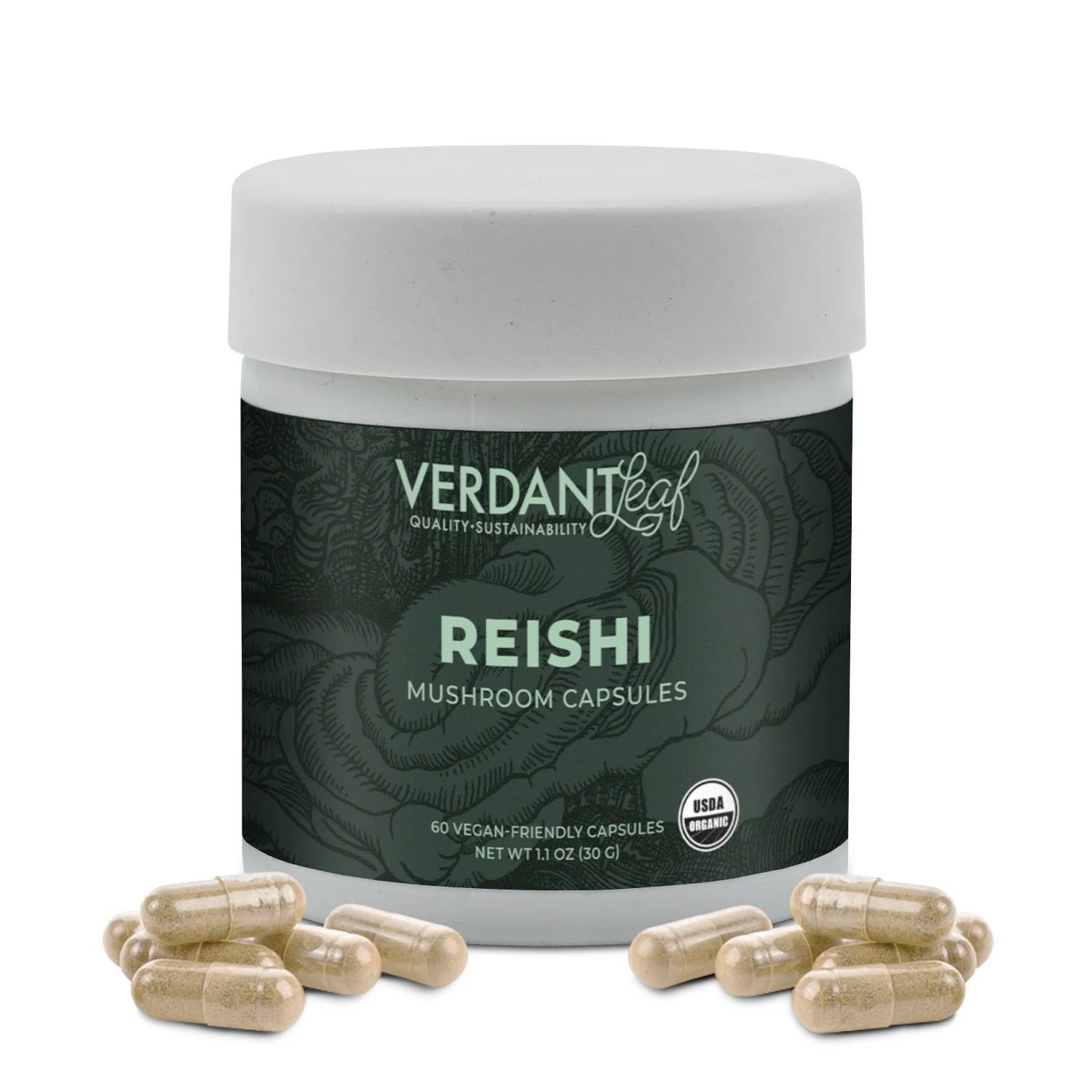 Jar of Verdant Leaf Reishi capsules on a white background