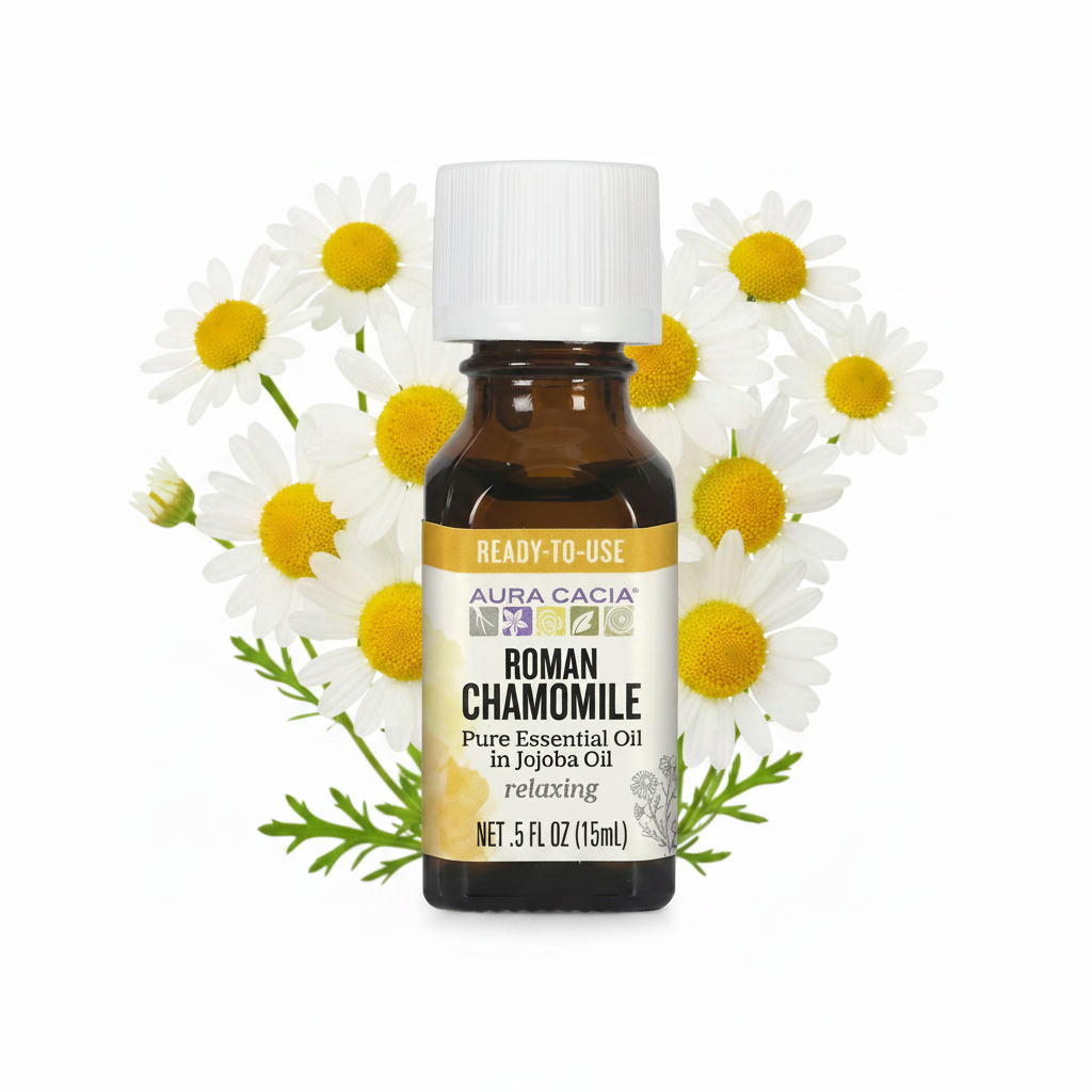 Roman chamomile essential oil bottle with white cap, surrounded by daisies on a white background
