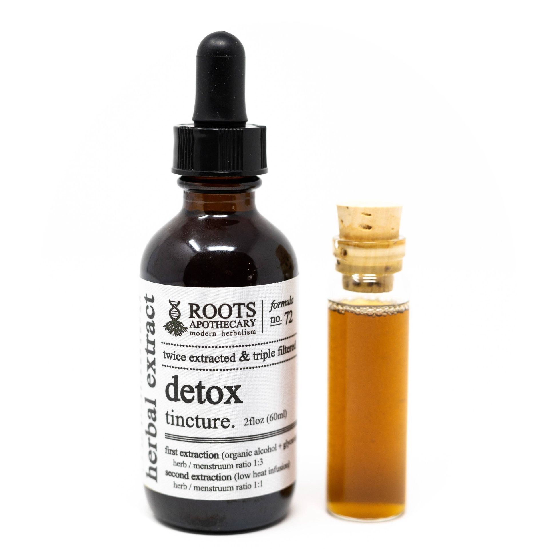 Roots Apothecary Detox Tincture next to an amber bottle on a white background