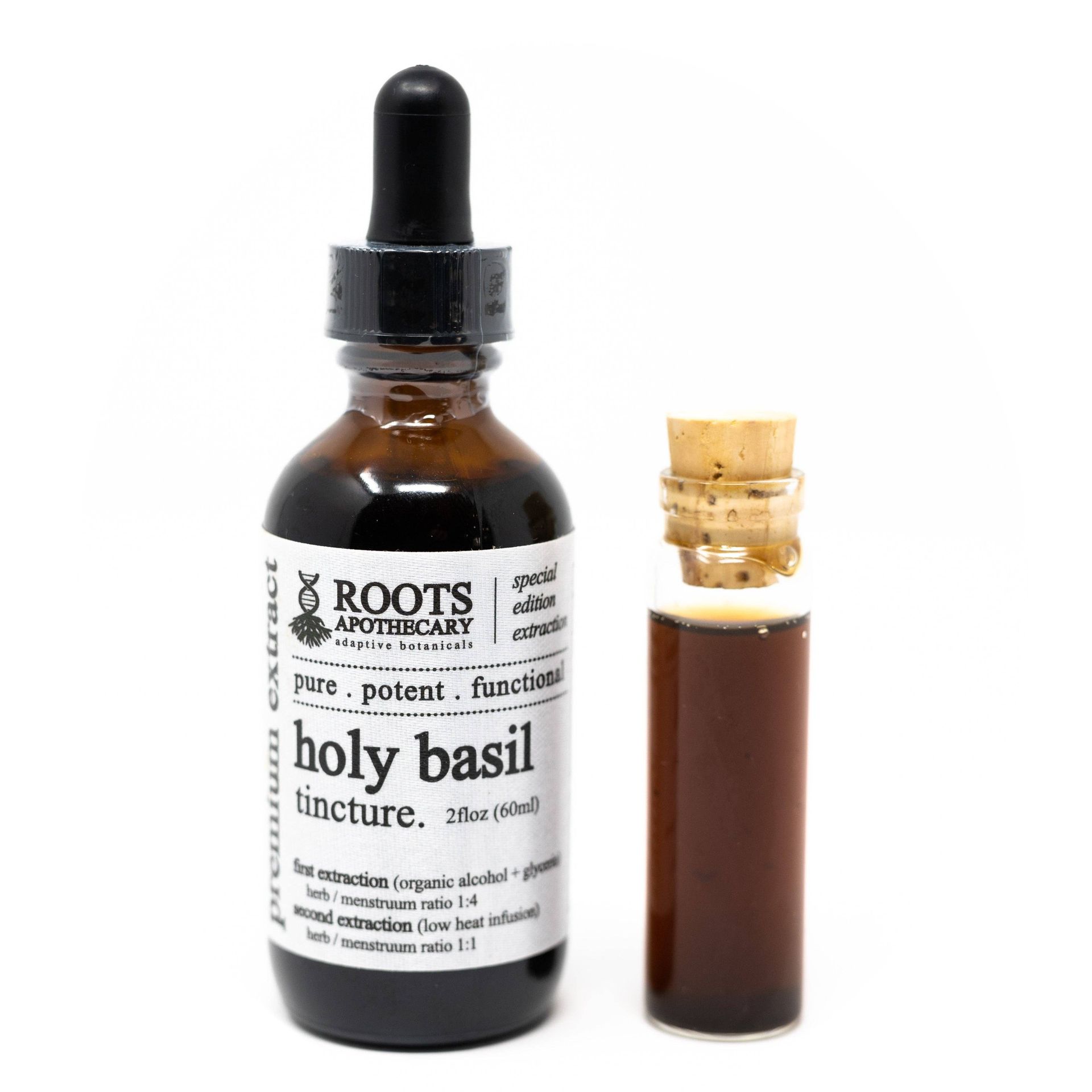 Roots Apothecary Holy Basil Tincture with an amber bottle beside it on a white background