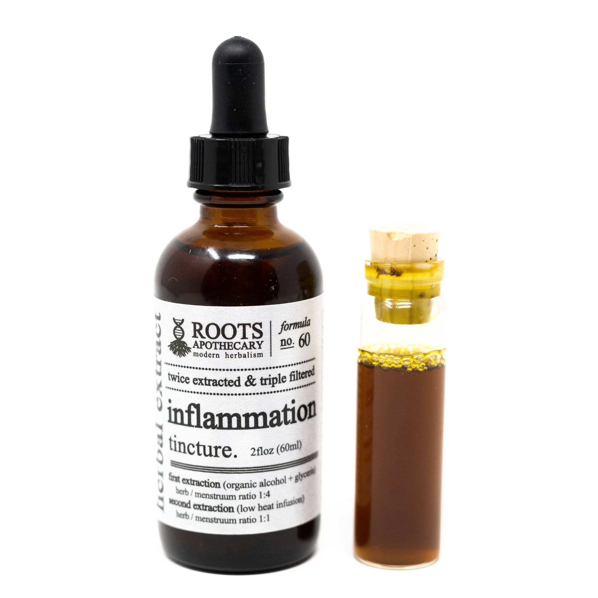 Roots Apothecary Inflammation Tincture next to an amber bottle