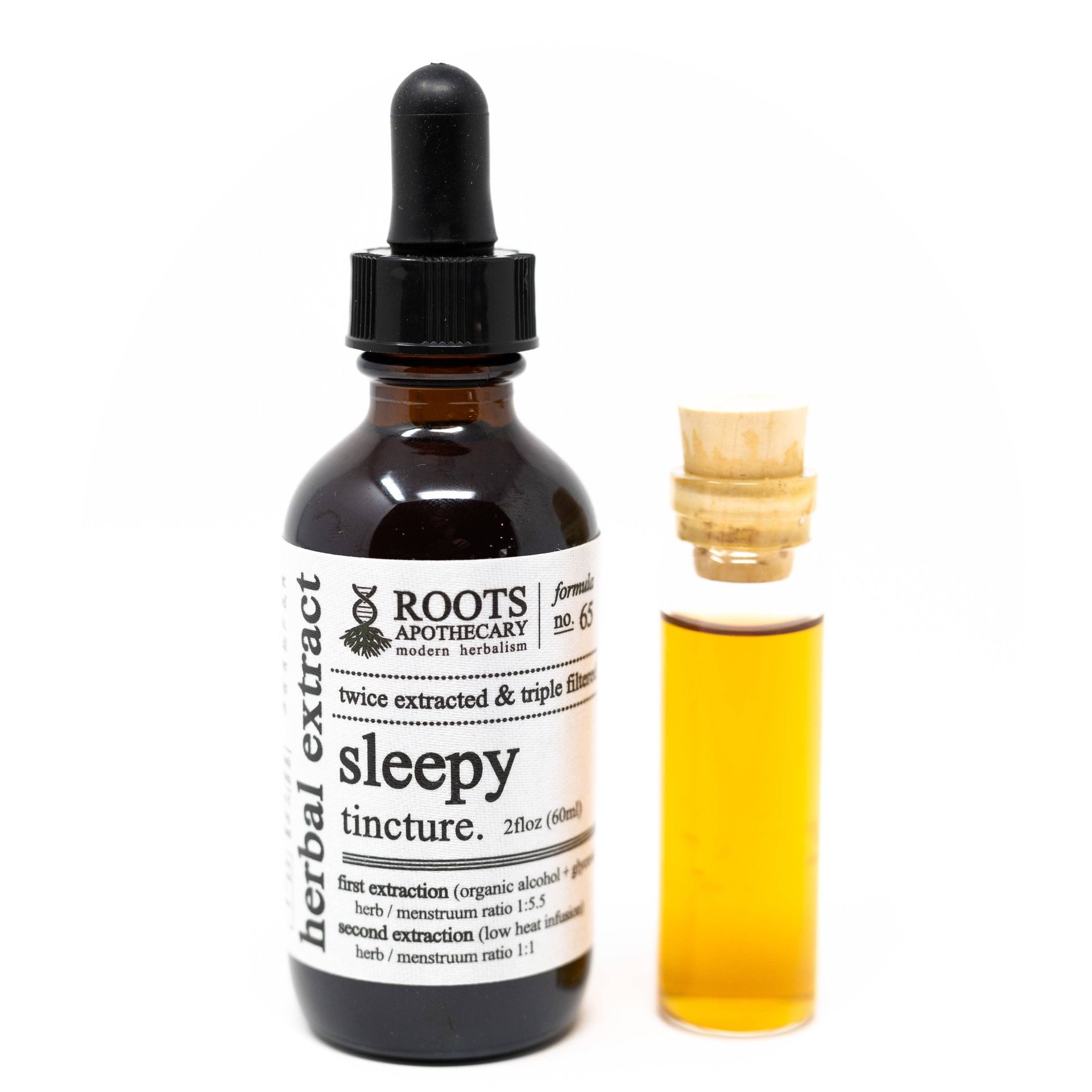 Roots Apothecary Sleepy Tincture next to an amber bottle on a white background