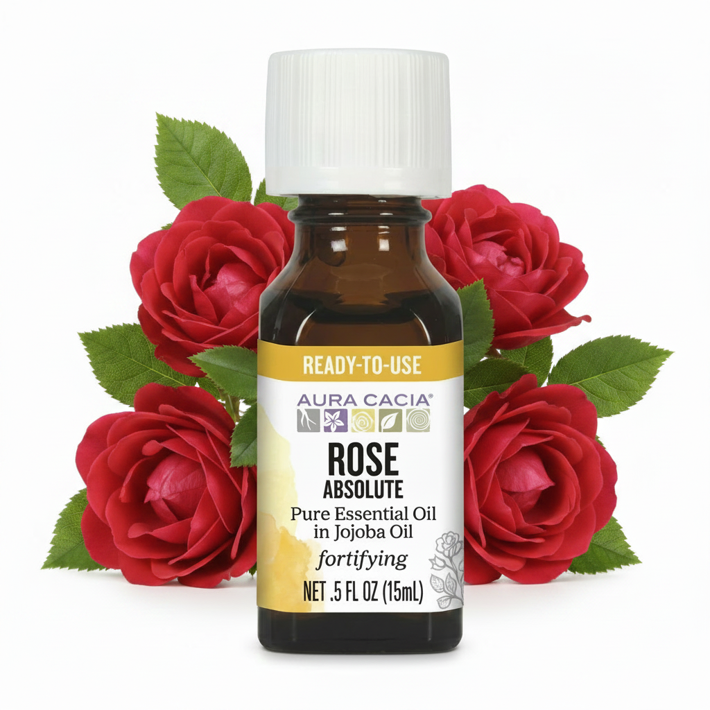 Amber bottle of Rose Absolute essential oil with white cap, surrounded by red roses and green leaves