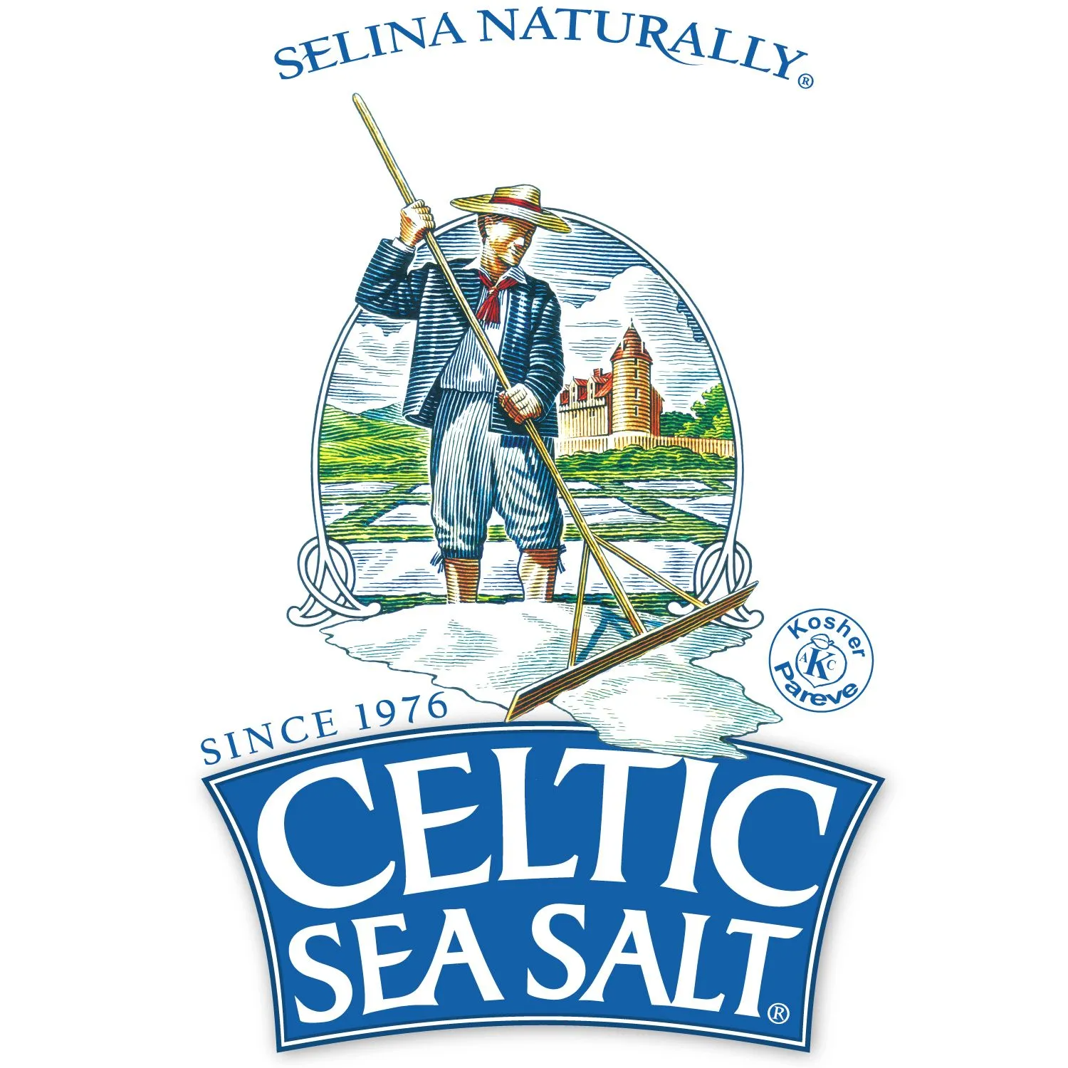 Celtic Sea Salt logo with a fisherman by the sea, lighthouse, and “Selina Naturally Since 1976” text