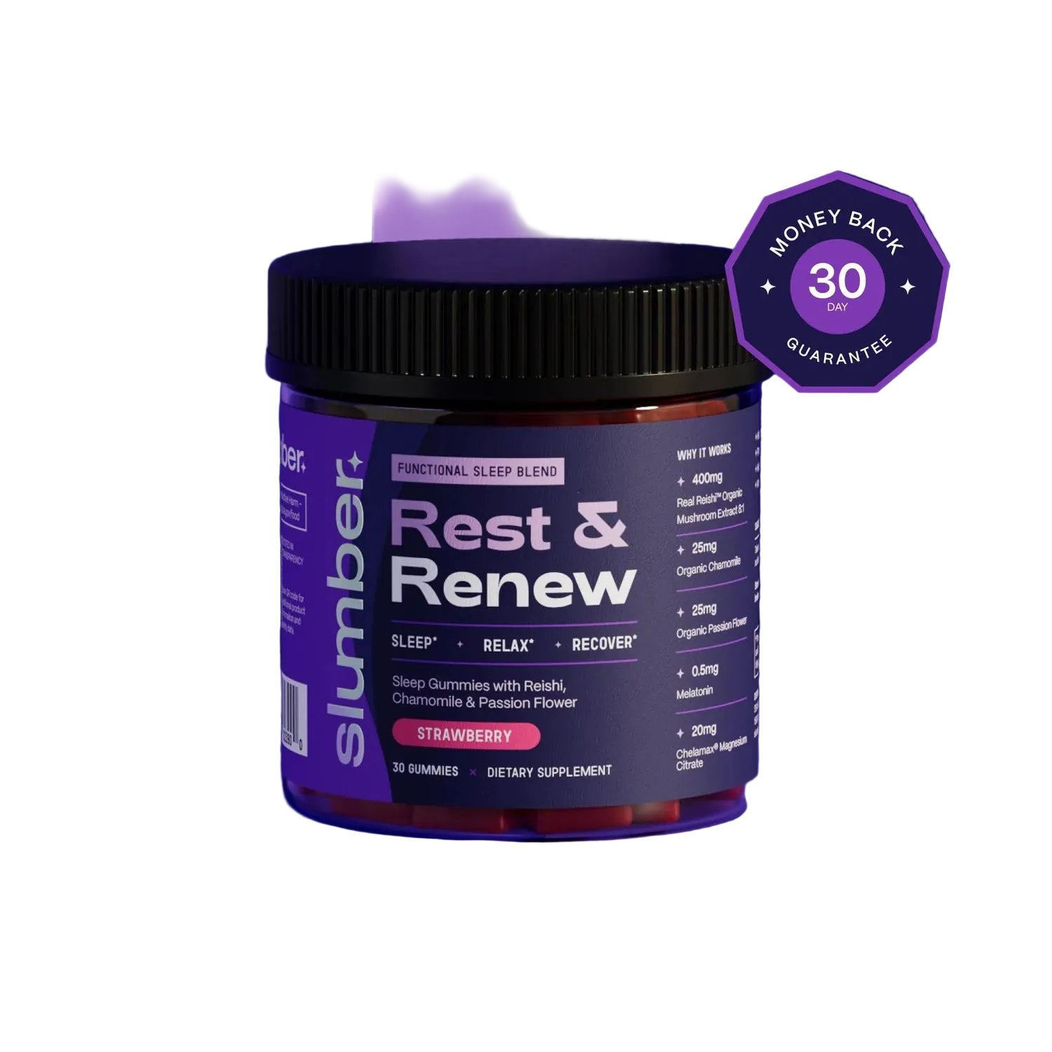 Purple Slumber Rest & Renew sleep supplement jar with 30-night guarantee badge