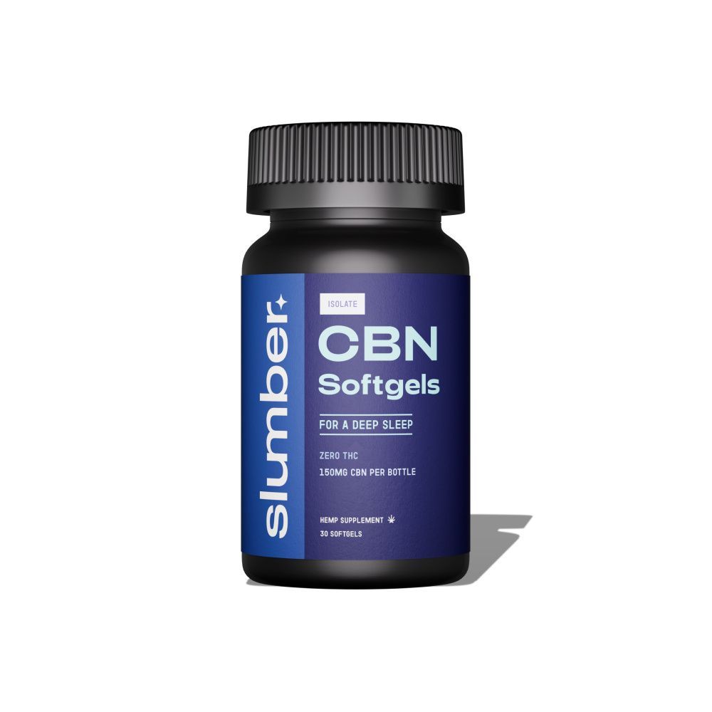 Bottle of CBN softgels for Pro & Deep Sleep; blue and black label.