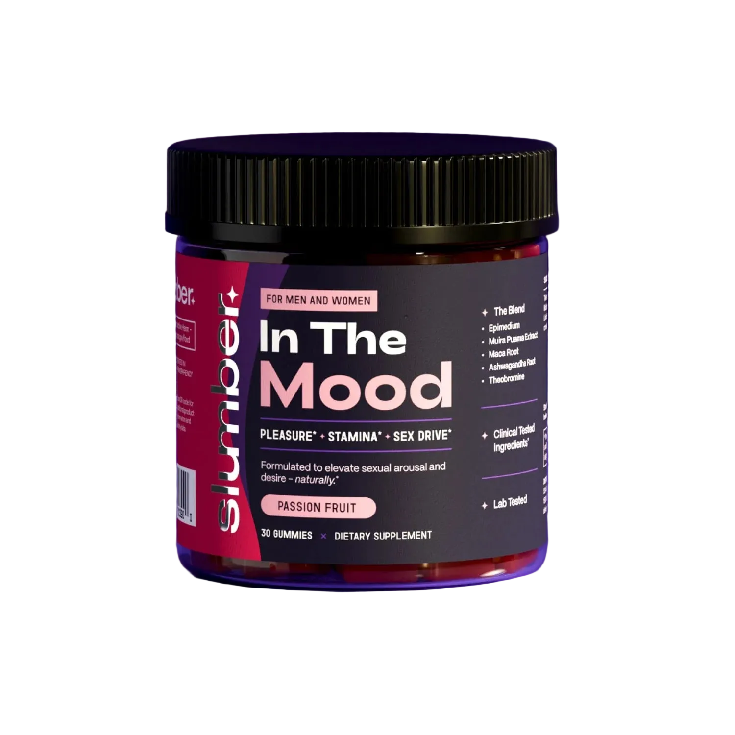 Jar labeled “In The Mood” with a black lid and dark red packaging on a white background