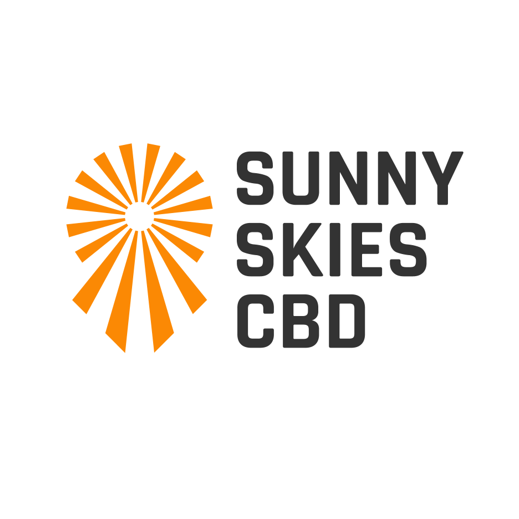 Logo of Sunny Skies CBD: Orange sunburst design beside dark gray text.
