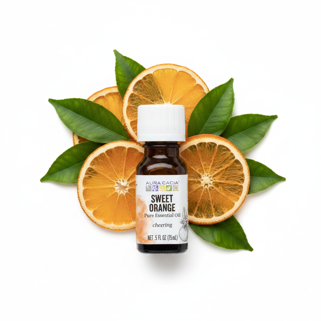 Small amber bottle labeled “Sweet Orange” surrounded by sliced oranges and green leaves on white background