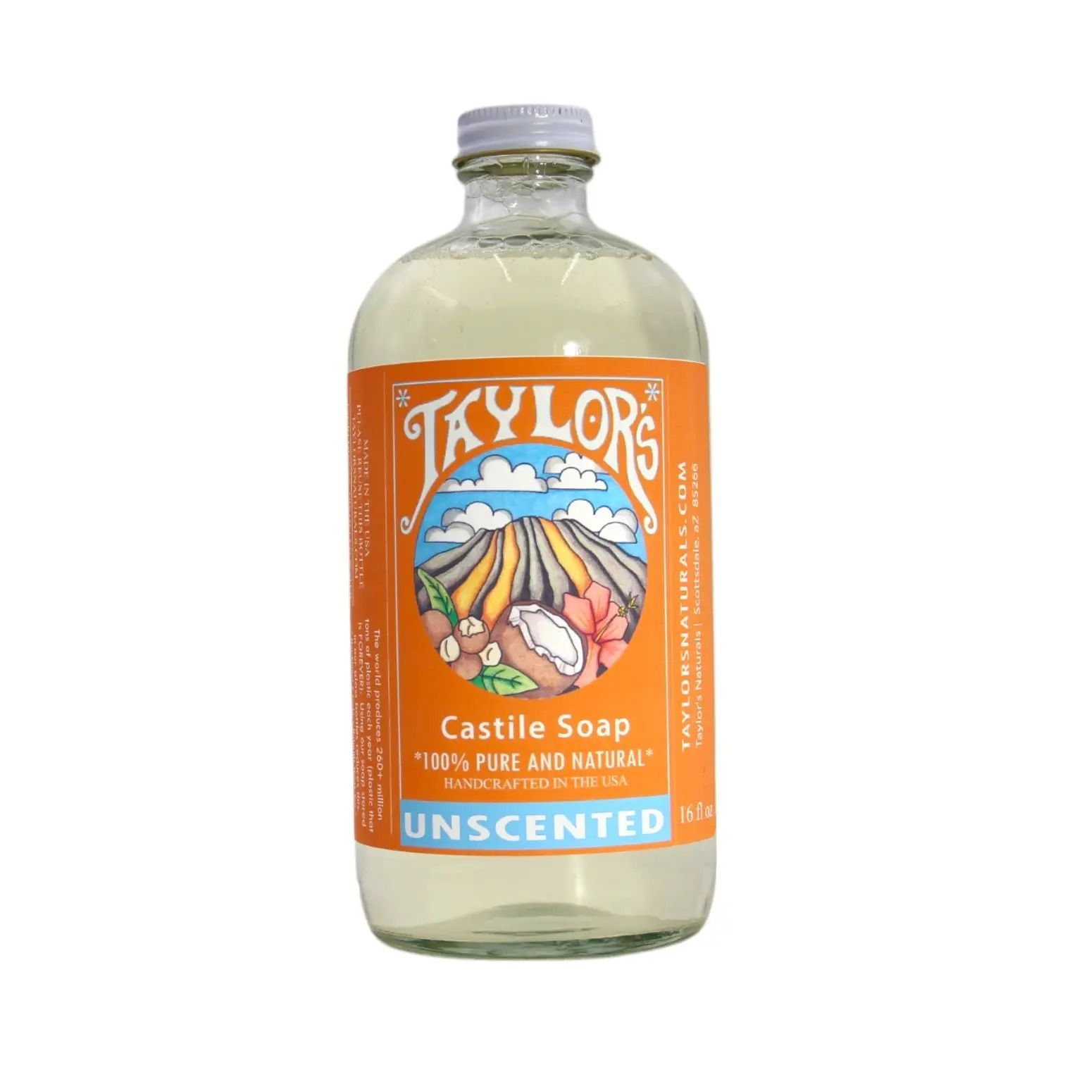 Bottle of Taylors Castile Soap with an orange label on a white background