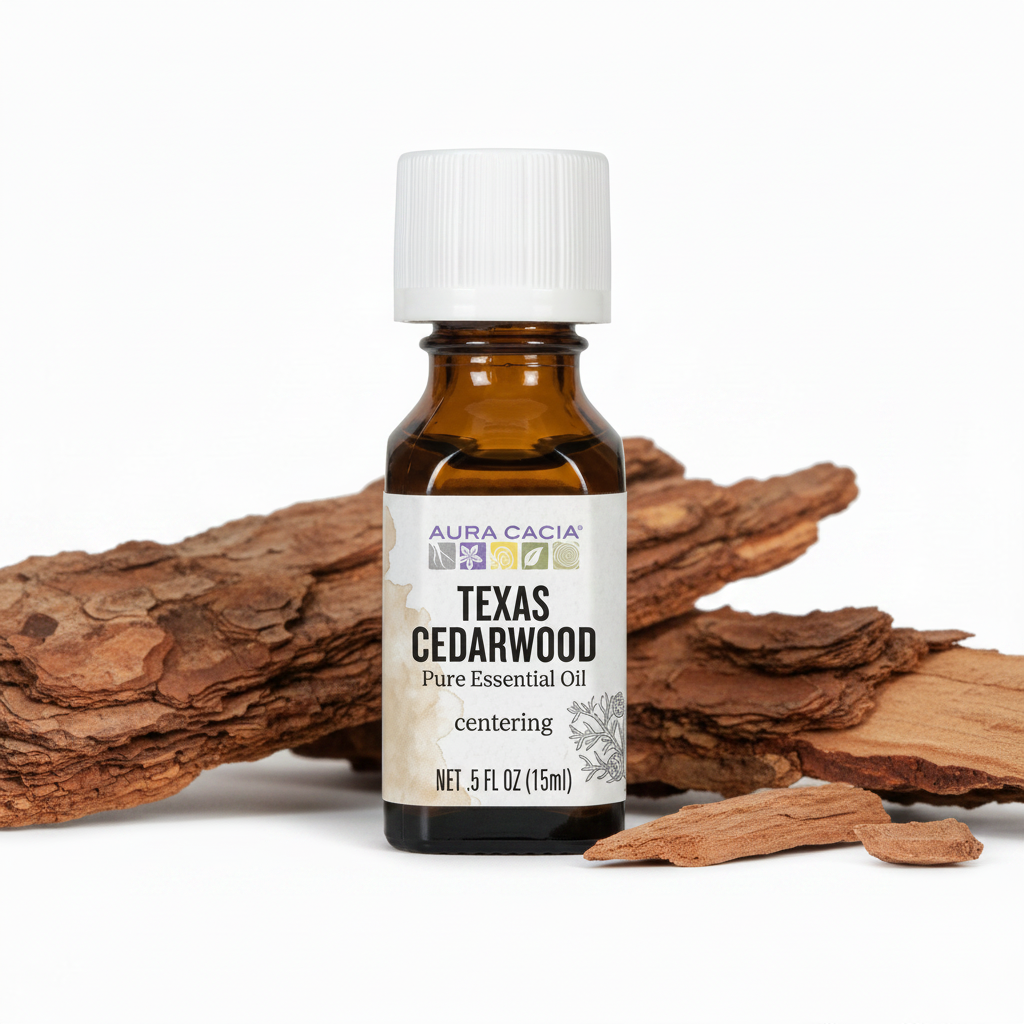 Amber Texas cedarwood essential oil bottle with white cap on wood bark background