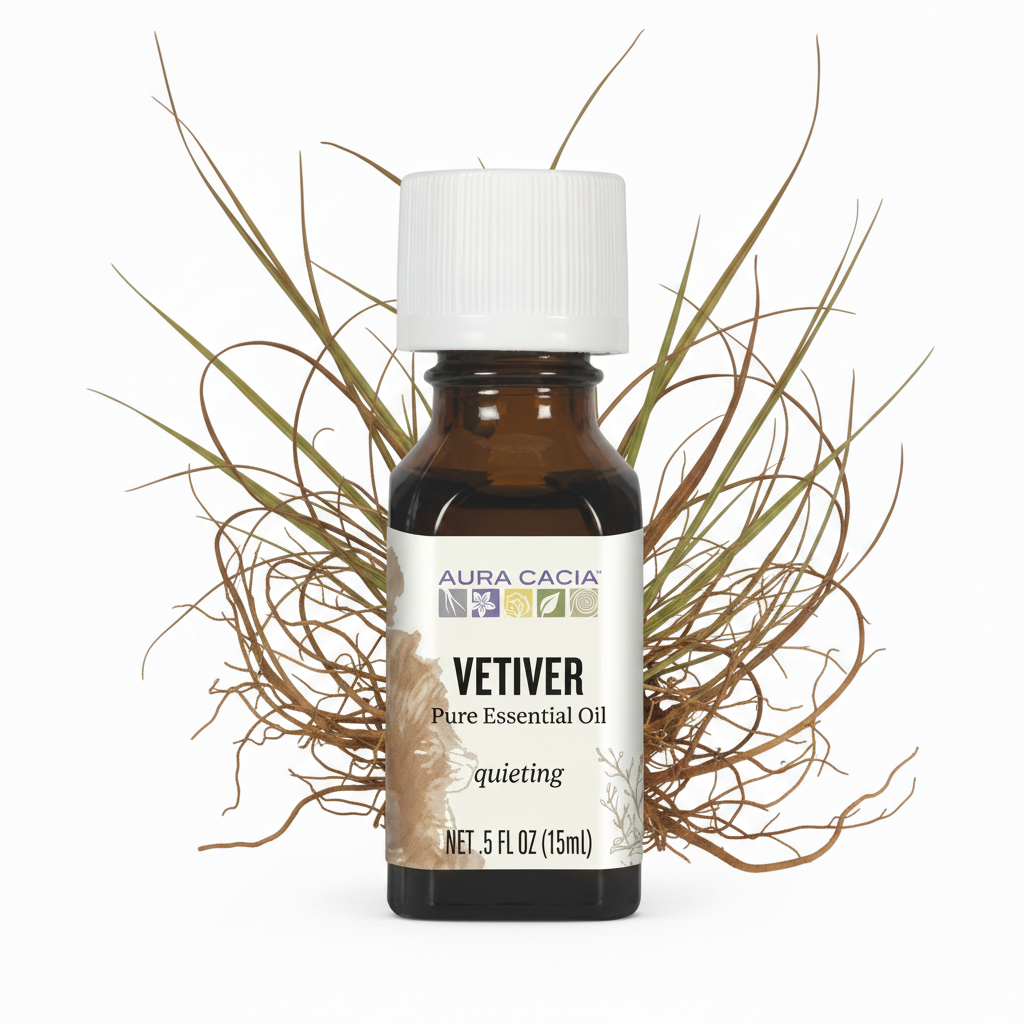 Small amber vetiver essential oil bottle with white cap and twig decoration on white background