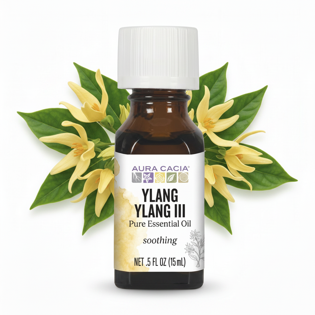 Ylang ylang III essential oil bottle with green leaves and yellow flowers on white background
