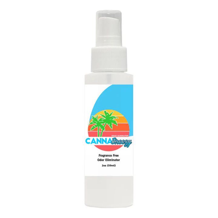 White spray bottle with a colorful label featuring palm trees on a white background