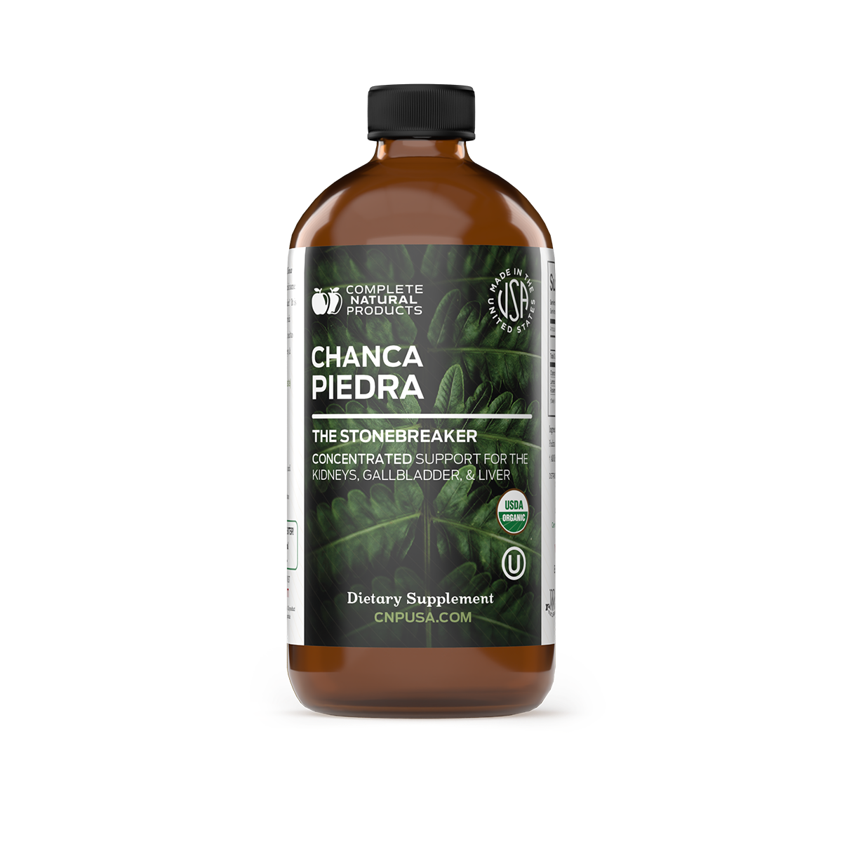 Brown bottle of CNP Chanca Piedra dietary supplement with label on a white background