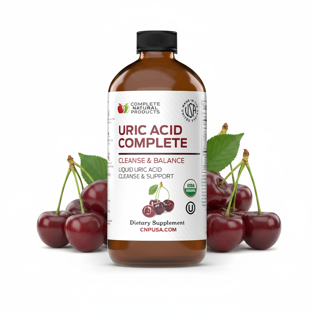 Photo of Uric Acid Complete surrounded by cherries on a white background.