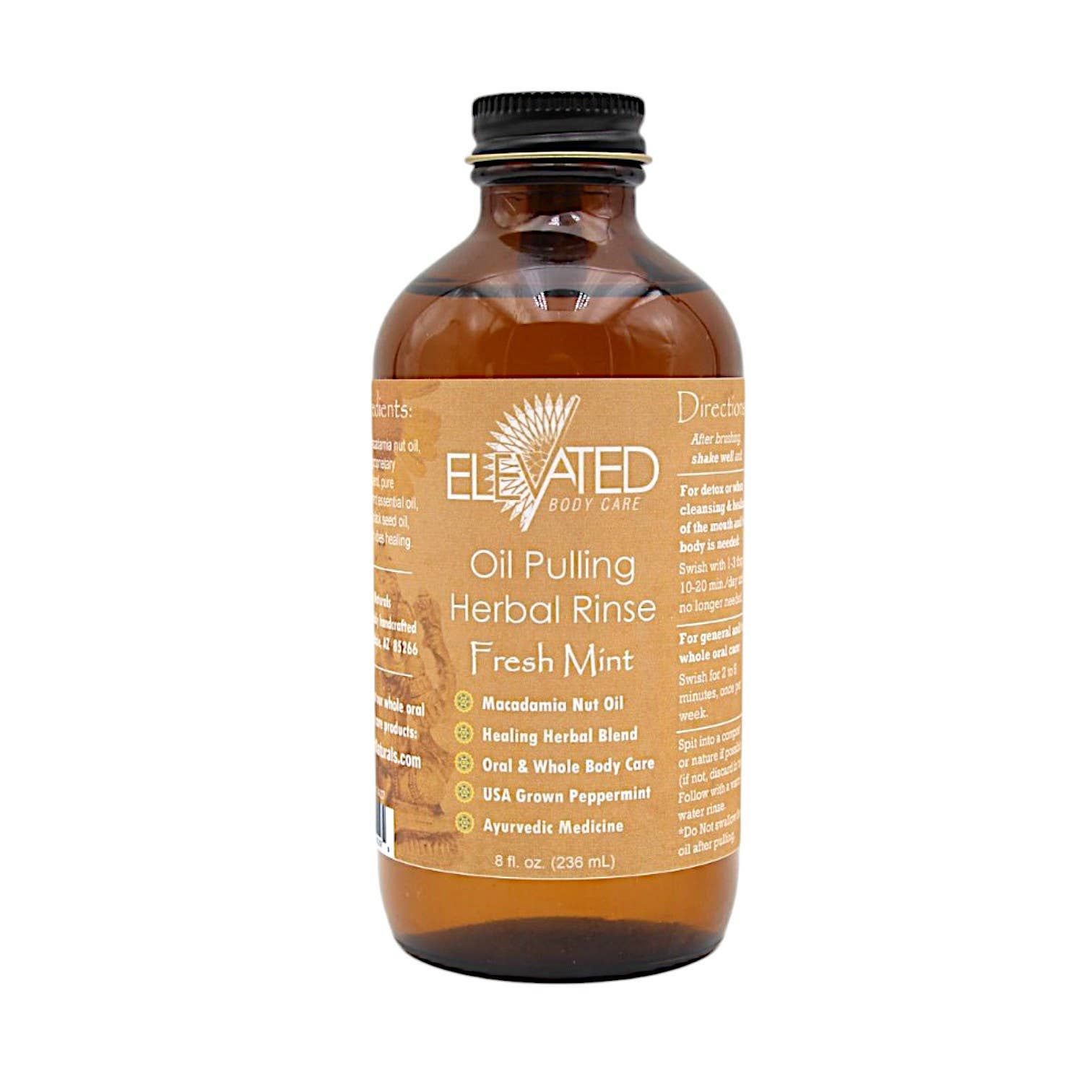Bottle of Elevated Body Care Oil Pulling Herbal Rinse Fresh Mint on a white background
