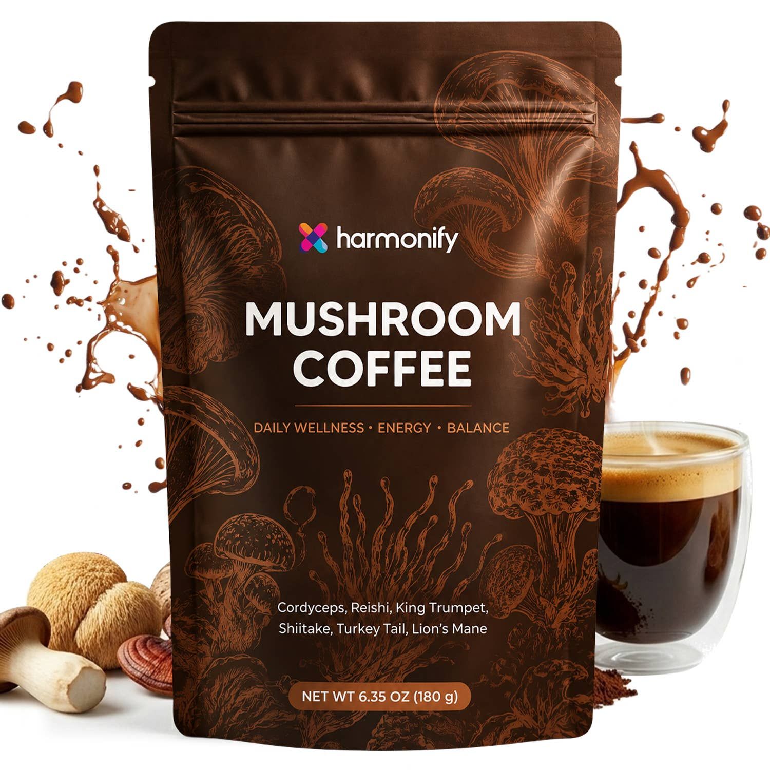 Harmonify Mushroom Coffee on a white background.  Sitting next to the bag are a cup of mushroom coffee and mushrooms