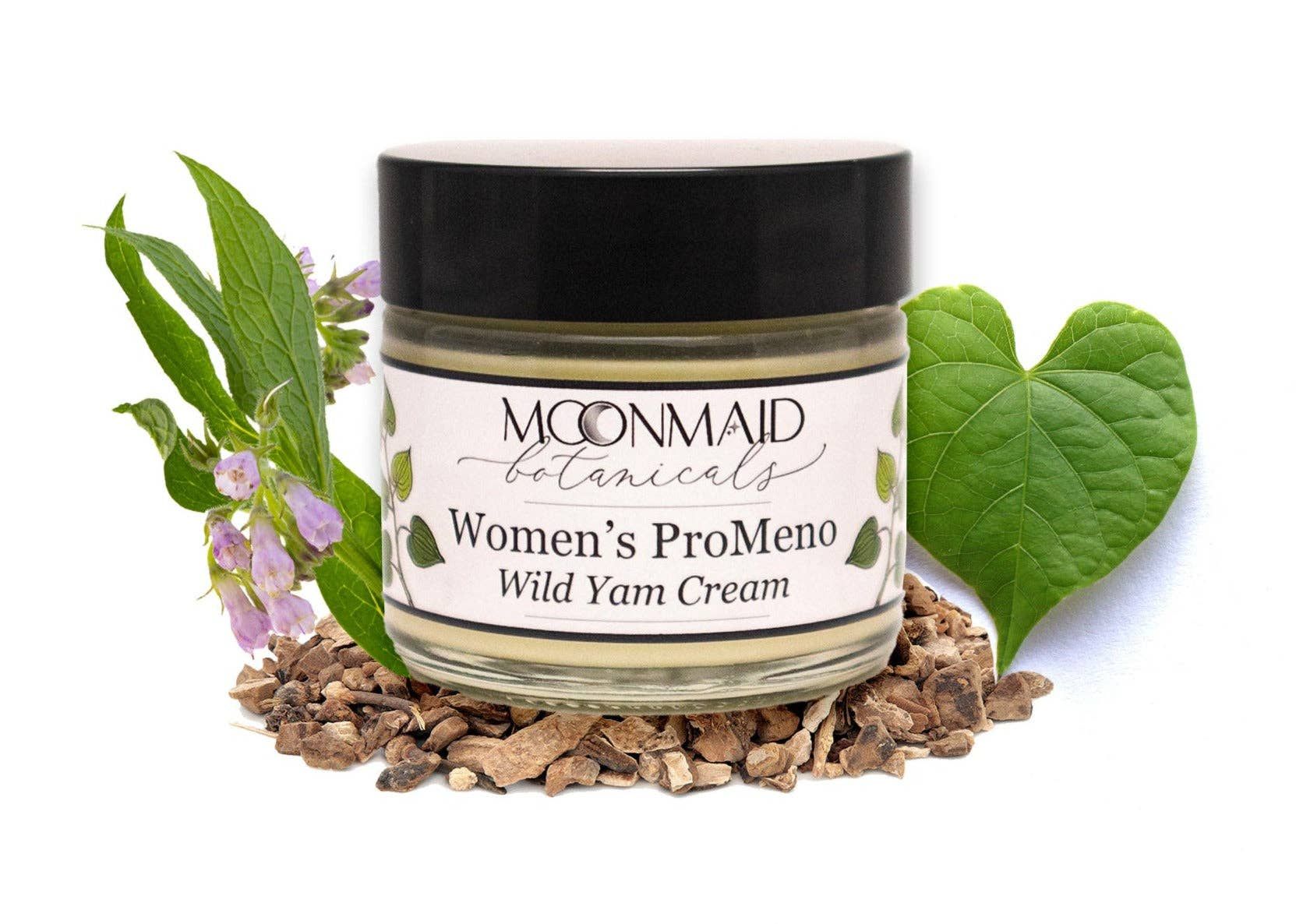 Moonmaid Botanicals jar on a white background surrounded by botanicals