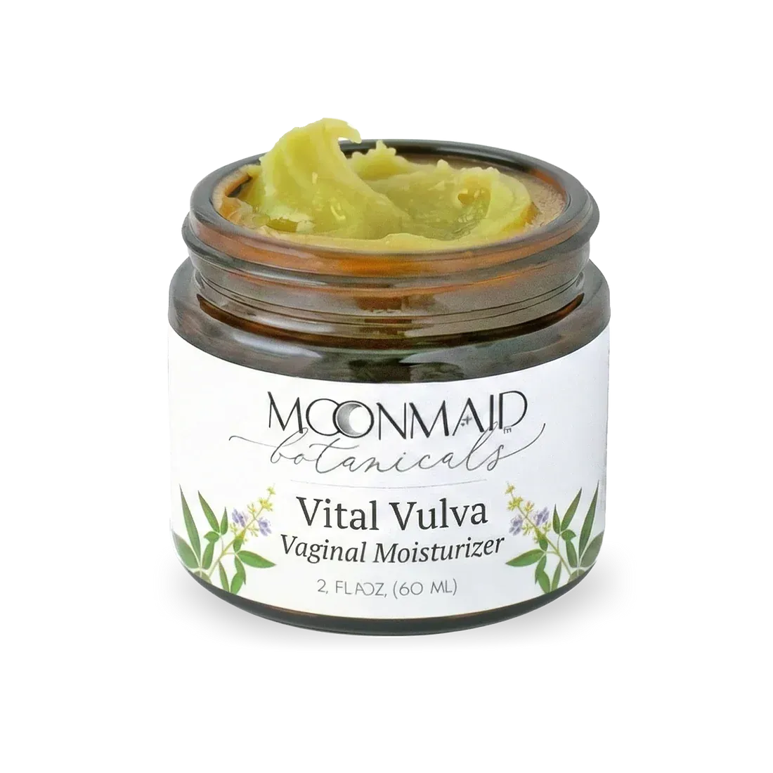 Jar of Moonmaid Vital V on a white background surrounded by botanicals