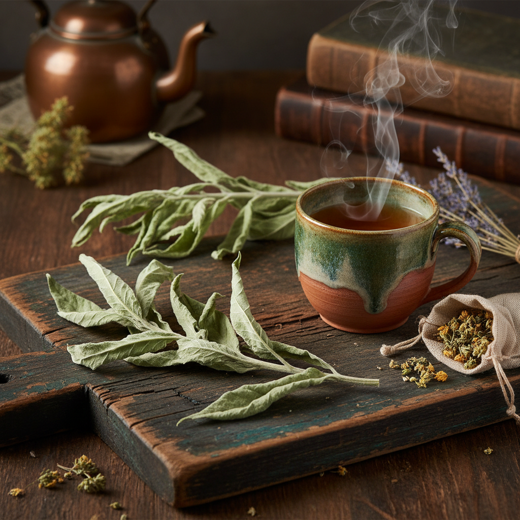 Steam rising from a ceramic cup beside dried herbs, tea leaves, and an old wooden board