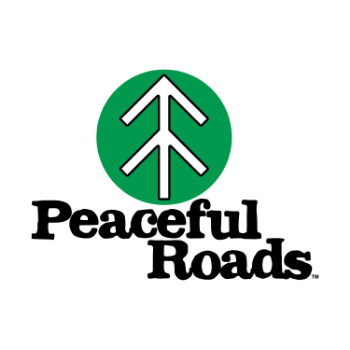 Logo for Peaceful Roads: Green circle with a white tree symbol. Text reads