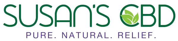 Logo for Susan's CBD, green text with leaf graphic, below reads