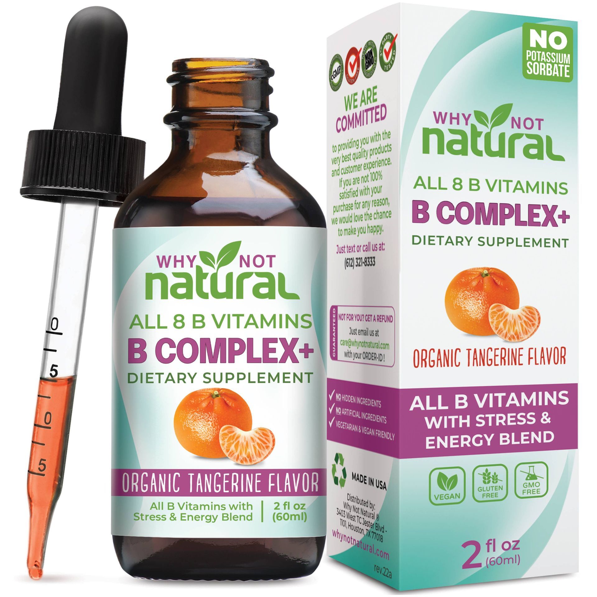B-complex supplement bottle and packaging with dropper on a white background