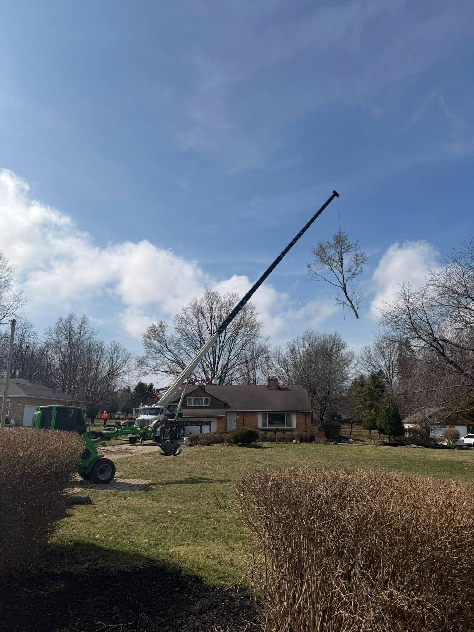 A green crane lifts a large tree section into the air in front of a residential house on a sunny, cloudy day.