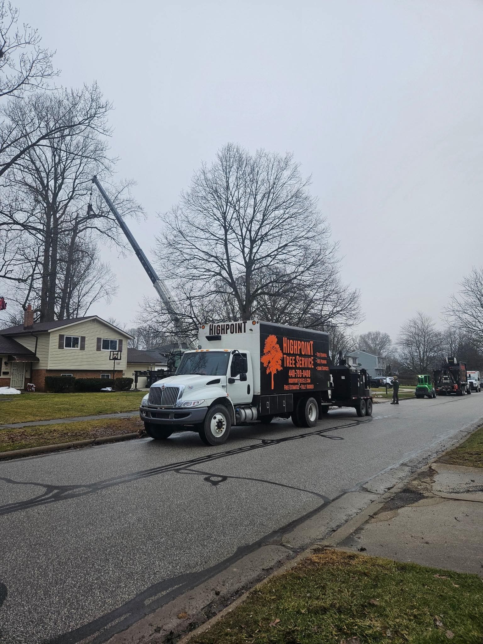 A white tree service truck with an extended crane parked on a residential street with a house in the background.