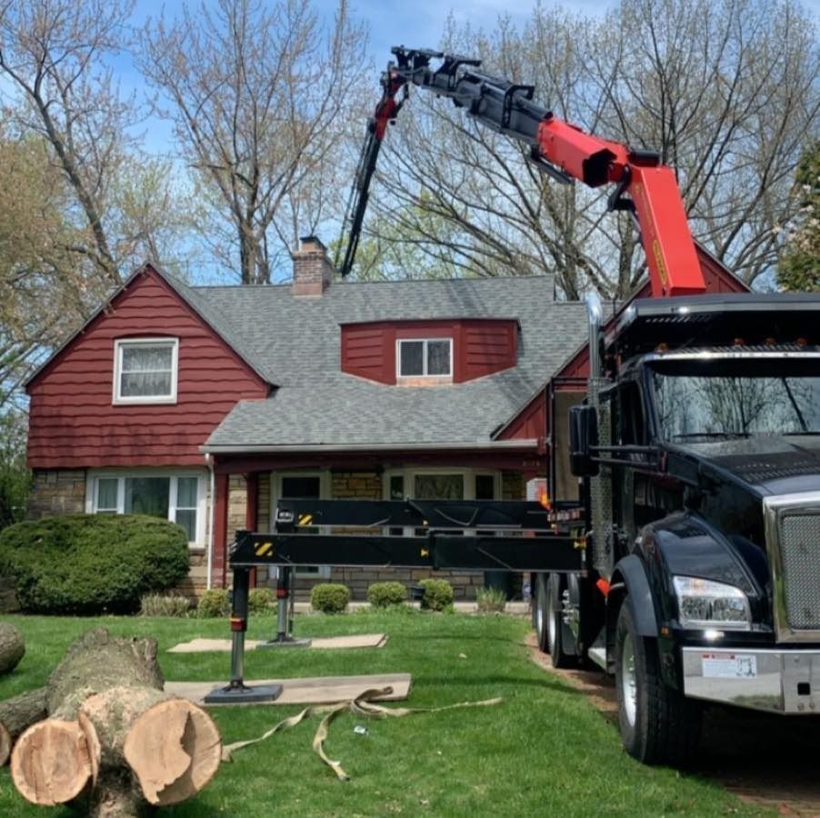 A black truck with a red crane extended over a house, with cut tree logs on the lawn in the foreground.