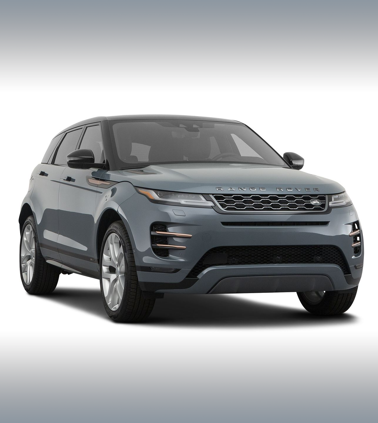 Gray Range Rover SUV on a white background. Front view.