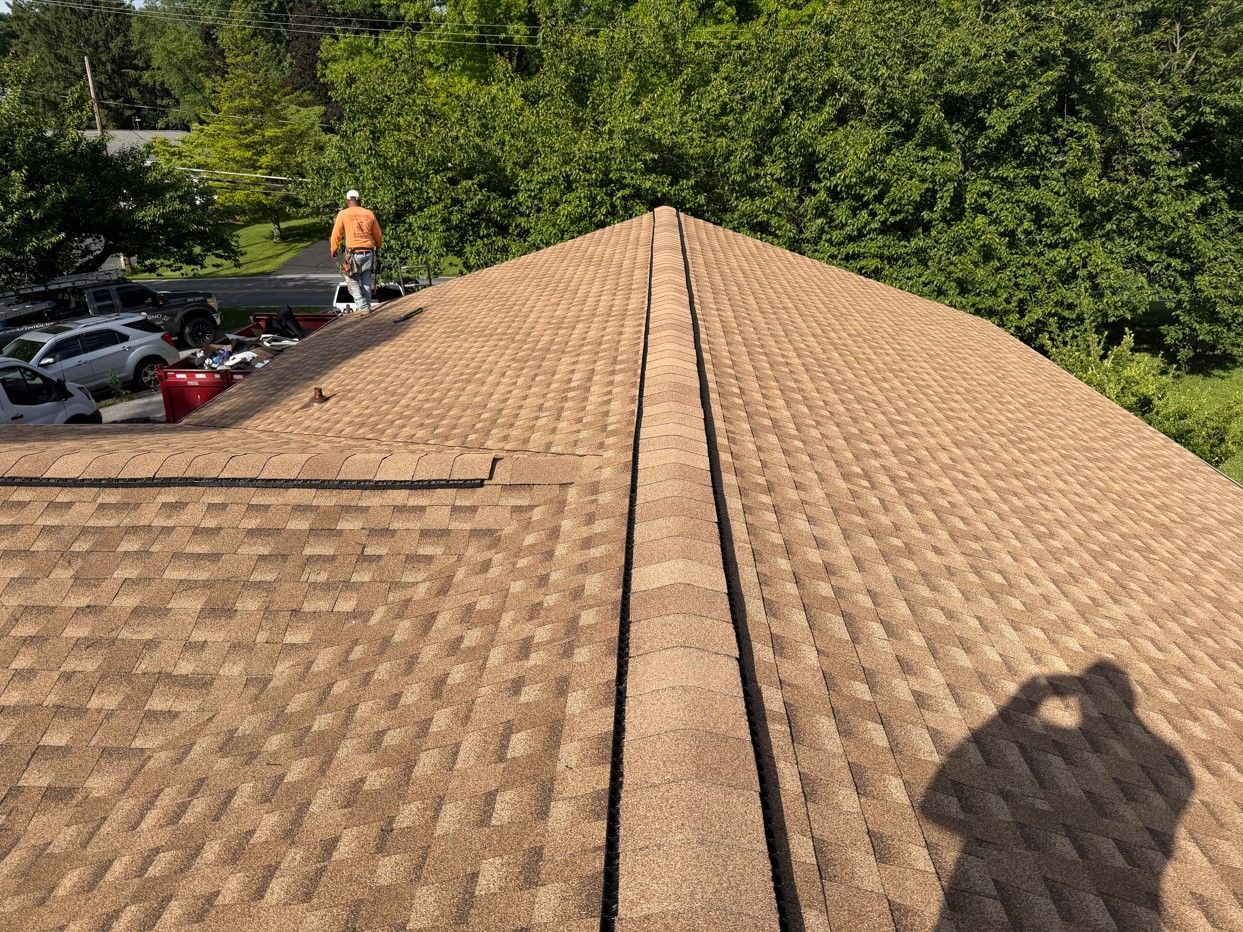 Rooftop view of brown shingle roof with a worker near the left edge and trees in the background