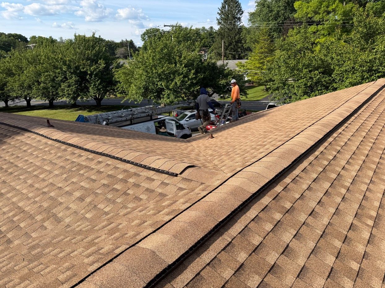 Workers installing black roof underlayment on a tan shingle roof, surrounded by trees