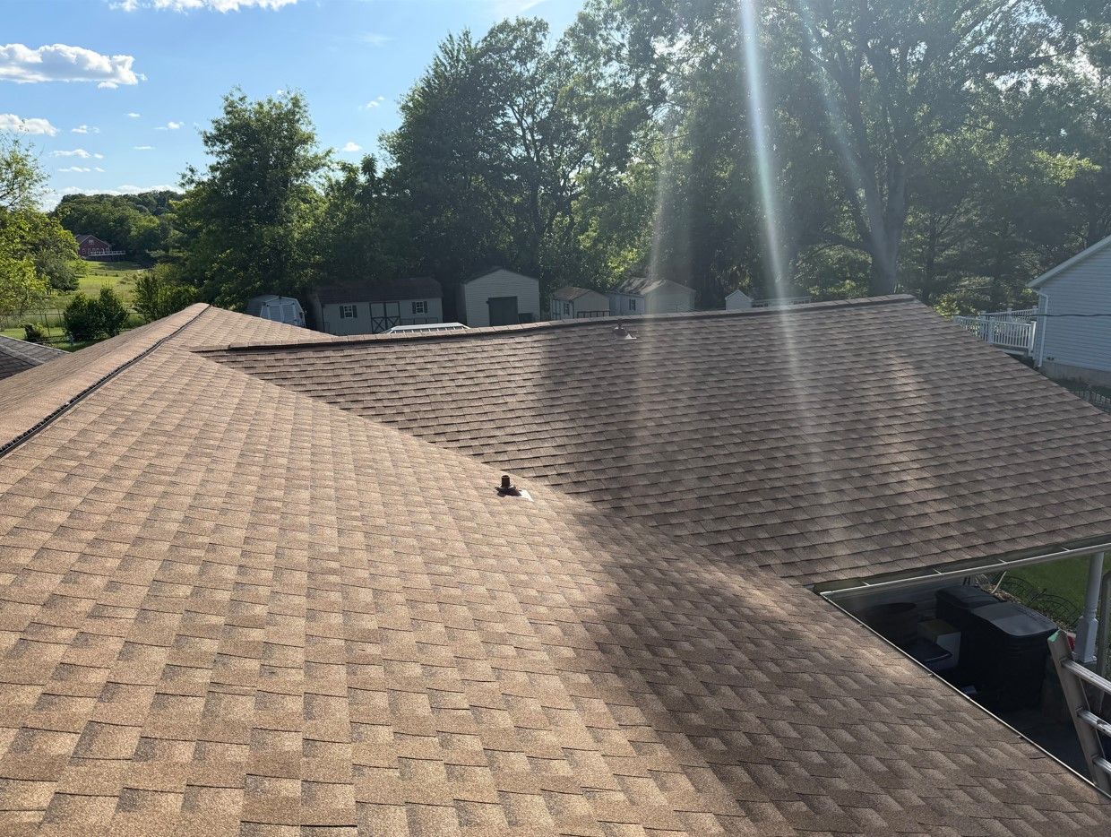 Roof shingles on a house under bright sun, with trees and neighboring homes in the background.