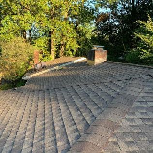 Shingled roof with a brick chimney and trees in warm sunlight