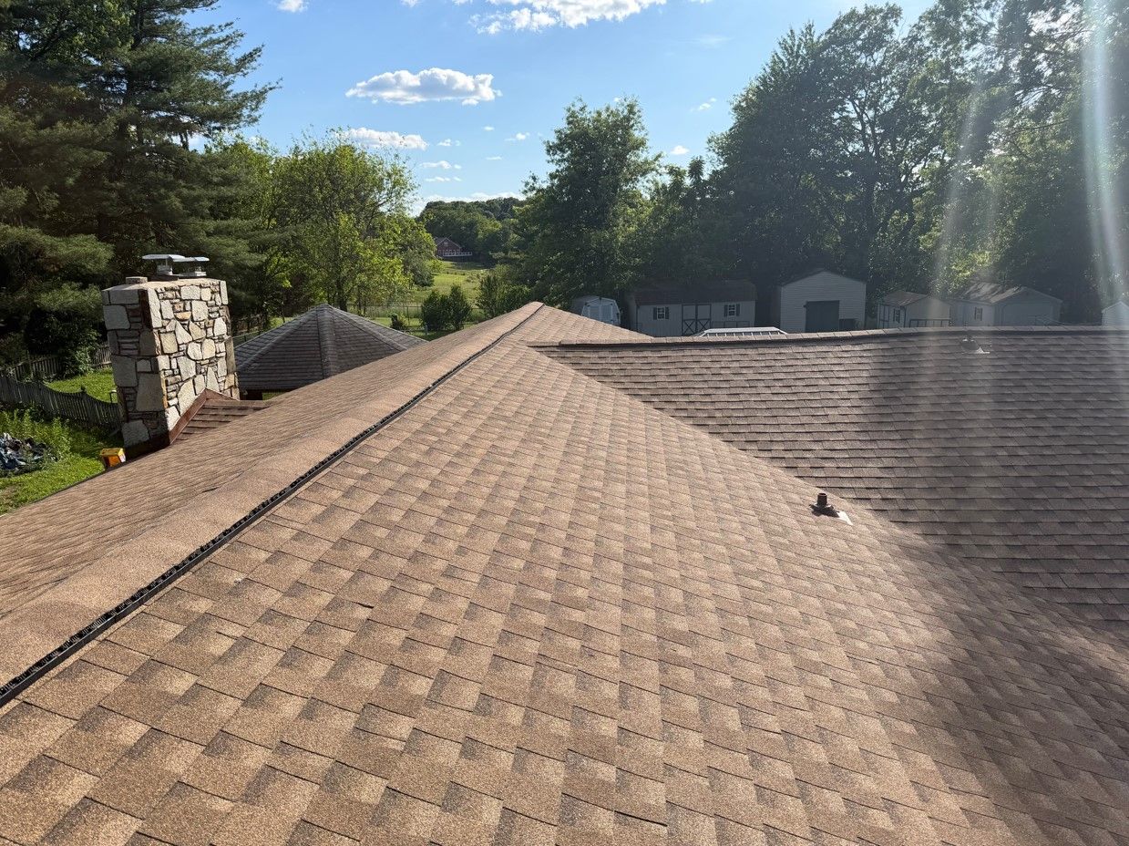 Roof covered in brown shingles with a stone chimney, trees, and a bright blue sky in the background