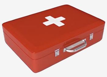 A red first aid kit with a white cross on it