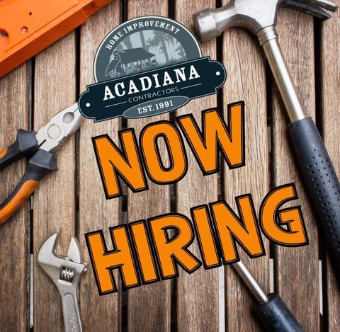 Tools on wood background, NOW HIRING text over logo.