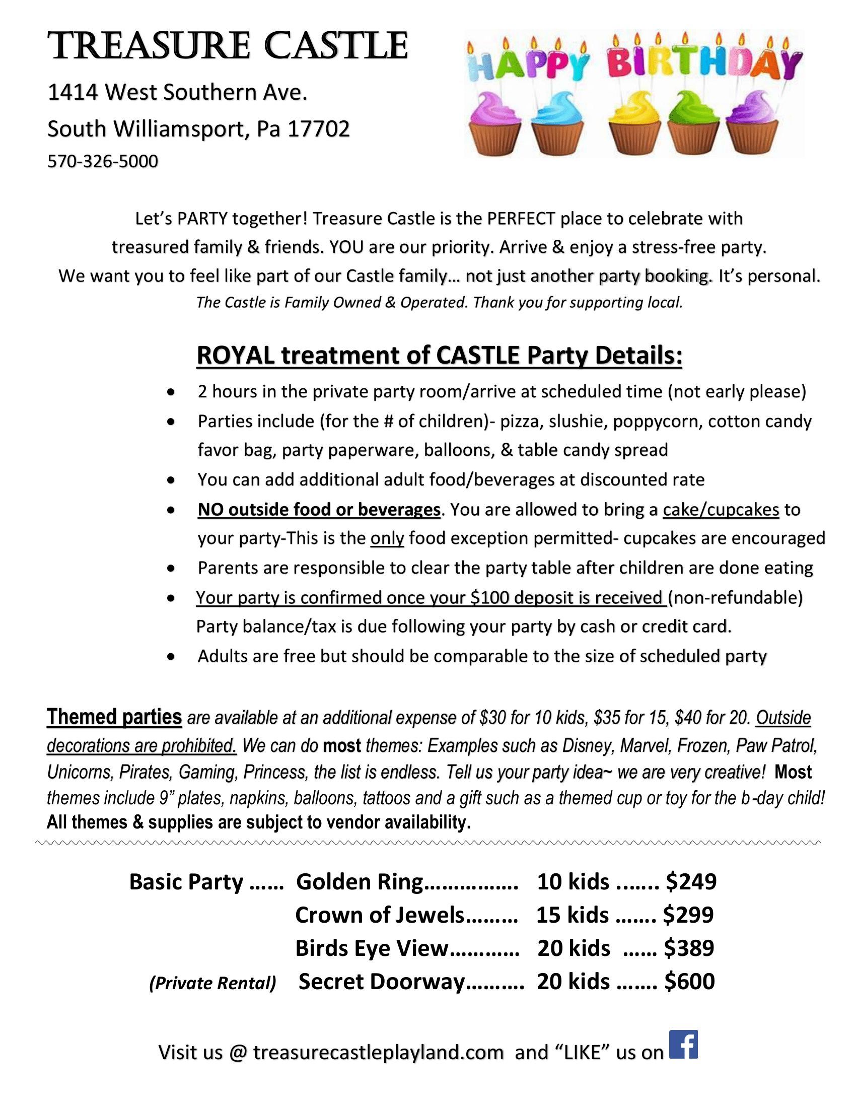 Treasure Castle birthday party flyer with pricing, details, and themed party options