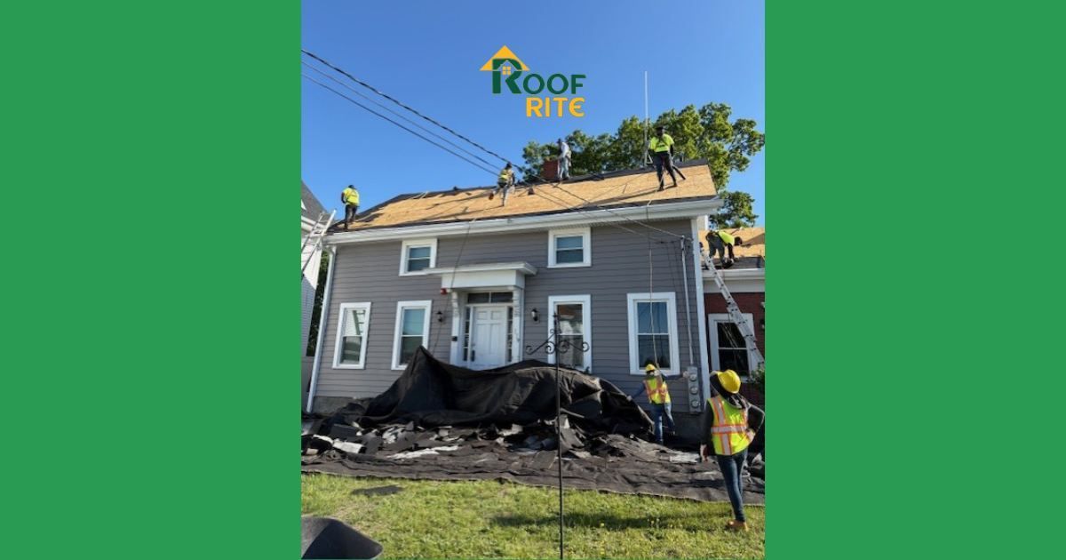 Roofers on a gray house replacing the roof; a safety net is in place; sunny day.